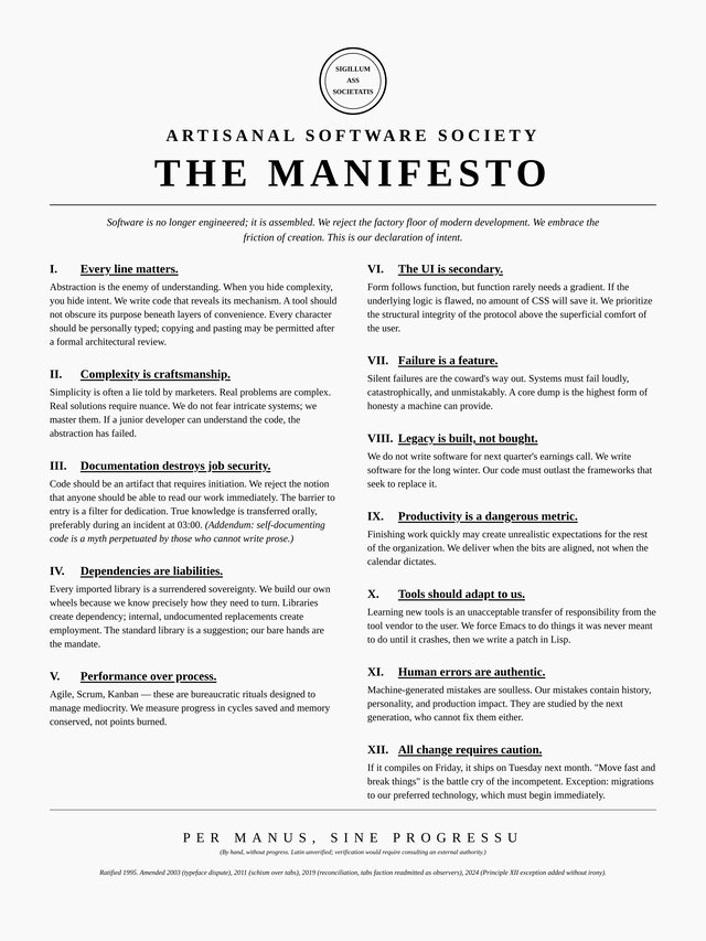 Photograph of the manifesto poster, twelve principles in one color.